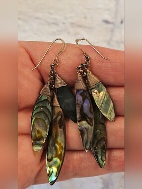 Sterling Silver 925 Abalone Shell Multi-Leaf Dangle Earrings - Green Iridescent